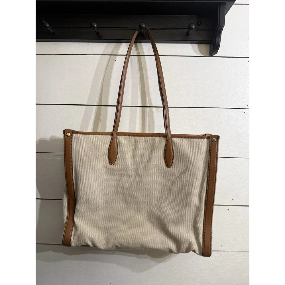 Kate Spade NY Large Market Tote Bag Beige Canvas,‎ Brown Leather Yellow
